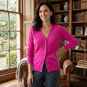 NWT C by Bloomingdale's 100% Cashmere Grandfather Cardigan Cherry Blossom XSMALL